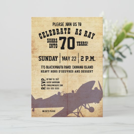 ヴィンテージの飛行機の誕生日の招待 招待状 (スタンド正面)