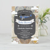 ヴィンテージの飛行機及び世界地図の飛行士のベビーシャワー 招待状 (スタンド正面)