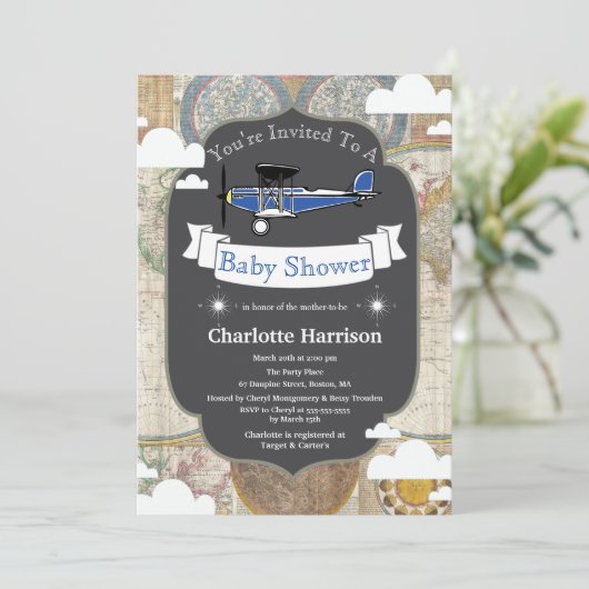 ヴィンテージの飛行機及び世界地図の飛行士のベビーシャワー 招待状 (スタンド正面)