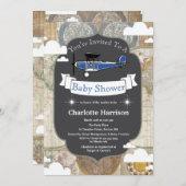 ヴィンテージの飛行機及び世界地図の飛行士のベビーシャワー 招待状 (正面/裏面)