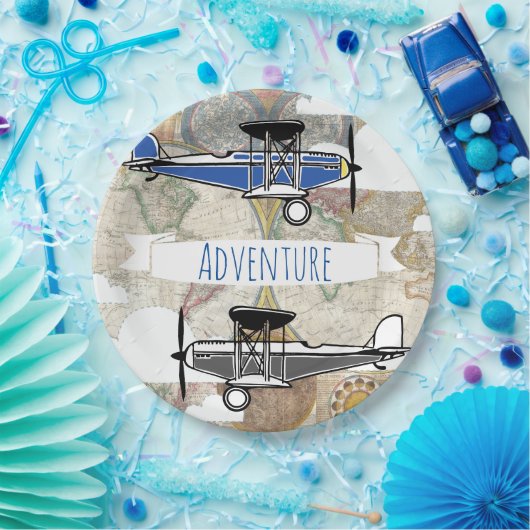 ヴィンテージの飛行機及び世界地図の飛行士の冒険 ペーパープレート (パーティー)