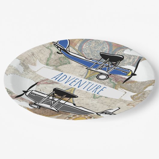 ヴィンテージの飛行機及び世界地図の飛行士の冒険 ペーパープレート (アングル)
