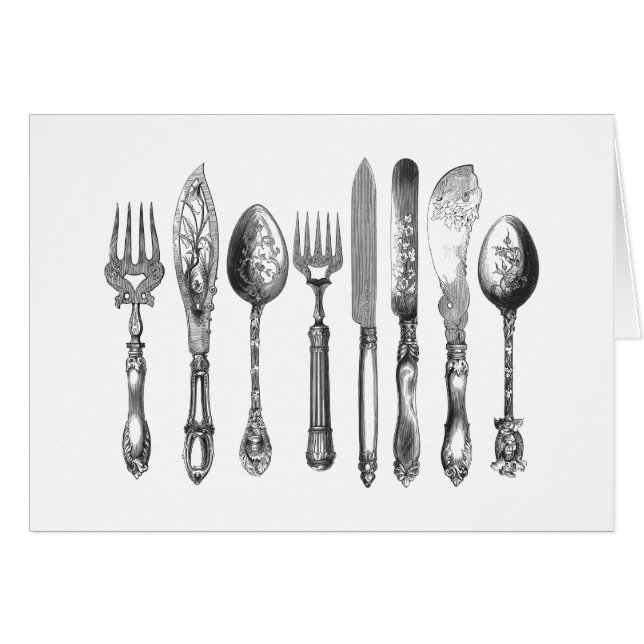 ヴィンテージの食事用器具類の白黒のフォークのスプーンのナイフの19世紀 (正面横)