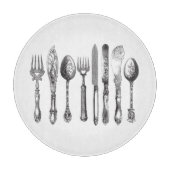 ヴィンテージの食事用器具類の白黒のフォークのスプーンのナイフの19世紀 カッティングボード (正面)