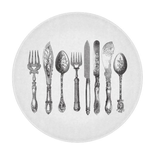 ヴィンテージの食事用器具類の白黒のフォークのスプーンのナイフの19世紀 カッティングボード (正面)