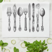 ヴィンテージの食事用器具類の白黒のフォークのスプーンのナイフの19世紀 キッチンタオル (折り畳み)