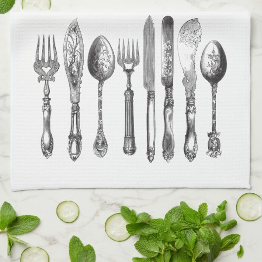 ヴィンテージの食事用器具類の白黒のフォークのスプーンのナイフの19世紀 キッチンタオル (折り畳み)