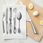 ヴィンテージの食事用器具類の白黒のフォークのスプーンのナイフの19世紀 キッチンタオル (四つ折り)