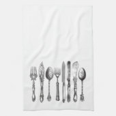 ヴィンテージの食事用器具類の白黒のフォークのスプーンのナイフの19世紀 キッチンタオル (縦)