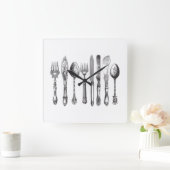 ヴィンテージの食事用器具類の白黒のフォークのスプーンのナイフの19世紀 スクエア壁時計 (ホーム)