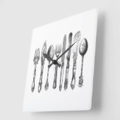 ヴィンテージの食事用器具類の白黒のフォークのスプーンのナイフの19世紀 スクエア壁時計 (傾斜)