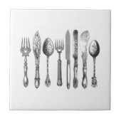 ヴィンテージの食事用器具類の白黒のフォークのスプーンのナイフの19世紀 タイル (正面)