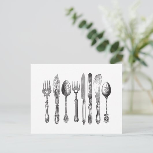 ヴィンテージの食事用器具類の白黒のフォークのスプーンのナイフの19世紀 ポストカード (スタンド正面)