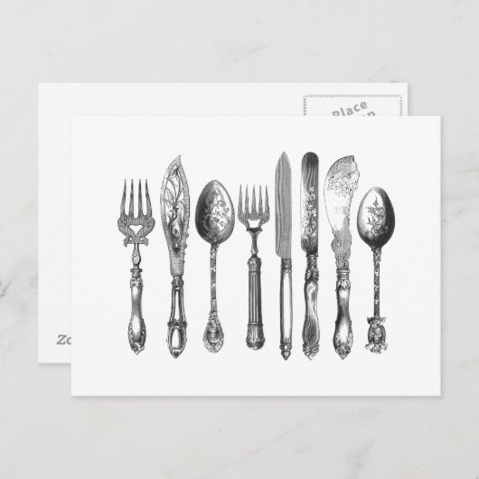 ヴィンテージの食事用器具類の白黒のフォークのスプーンのナイフの19世紀 ポストカード (正面/裏面)