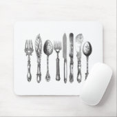 ヴィンテージの食事用器具類の白黒のフォークのスプーンのナイフの19世紀 マウスパッド (マウス)