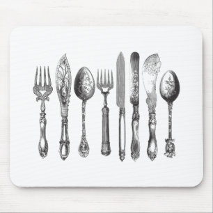 ヴィンテージの食事用器具類の白黒のフォークのスプーンのナイフの19世紀 マウスパッド