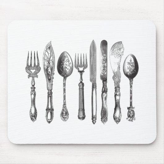 ヴィンテージの食事用器具類の白黒のフォークのスプーンのナイフの19世紀 マウスパッド (正面)