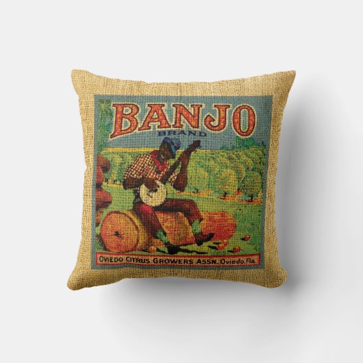 ヴィンテージの食糧ラベルのOhママおよびバンジョーは決め付けます クッション (裏面)