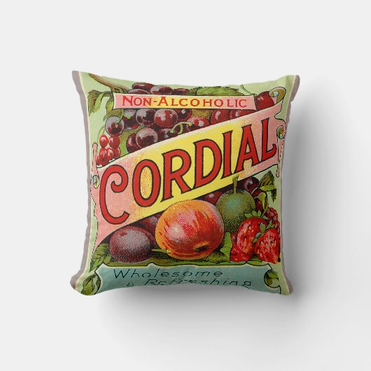 ヴィンテージの飲み物のラベルの非アルコール性の強壮剤 クッション (正面)