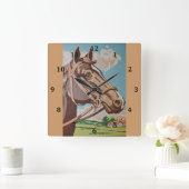 ヴィンテージの馬頭部の絵画 スクエア壁時計 (ホーム)