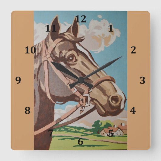ヴィンテージの馬頭部の絵画 スクエア壁時計 (正面)