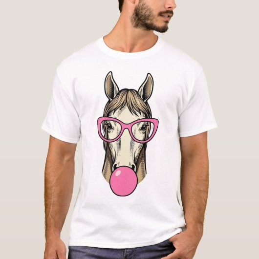 ヴィンテージの馬 バブルガムピンクメガネ Tシャツ デザイン (正面)