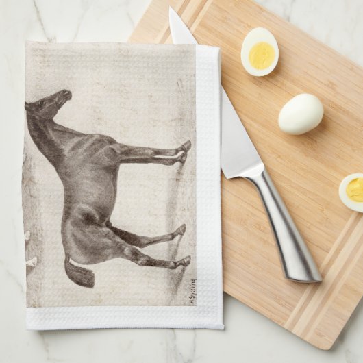 ヴィンテージの馬-馬および子馬のテンプレートの馬 キッチンタオル (四つ折り)