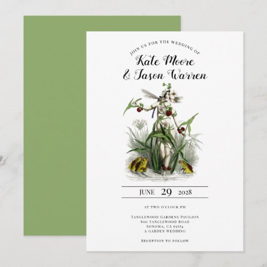 ヴィンテージの魔法の庭園の妖精グリーンウェディング 招待状 (正面/裏面)
