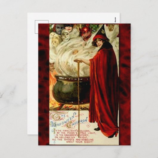 ヴィンテージの魔法使いおよび大がまハロウィン シーズンポストカード (正面/裏面)