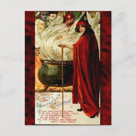 ヴィンテージの魔法使いおよび大がまハロウィン シーズンポストカード (正面)