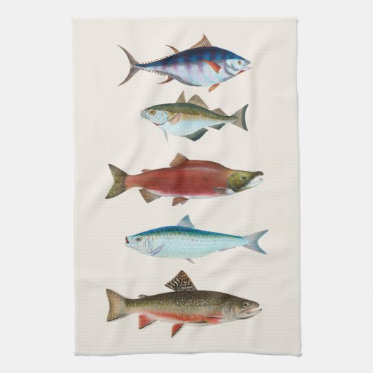 ヴィンテージの魚のイラスト キッチンタオル (縦)