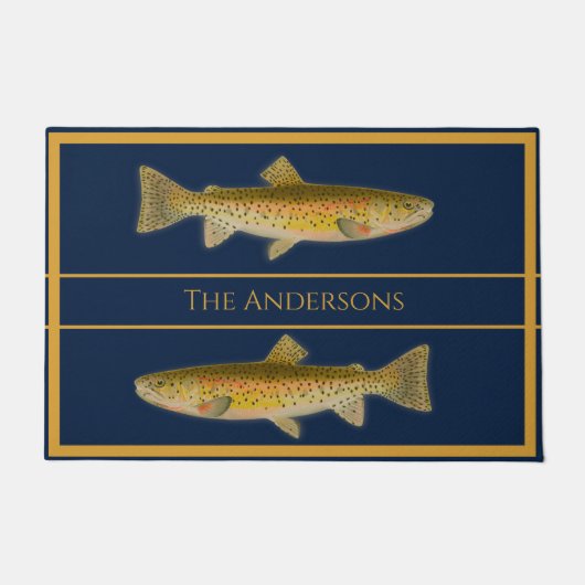 ヴィンテージの魚の水色マスのパターン ドアマット (正面)