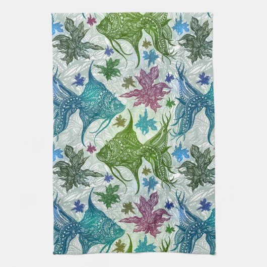 ヴィンテージの魚パターン キッチンタオル (縦)