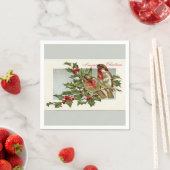 ヴィンテージの鳥およびヒイラギの灰色のクリスマス スタンダードカクテルナプキン (インサイチュ)