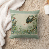 ヴィンテージの鳥および花のリバーシブルの深緑色 クッション (ブランケット)