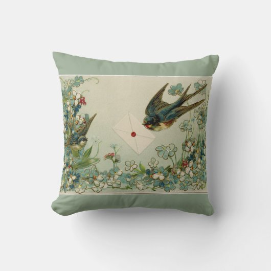 ヴィンテージの鳥および花のリバーシブルの深緑色 クッション (正面)
