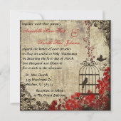 ヴィンテージの鳥かごの結婚式招待状の赤 招待状 (正面)