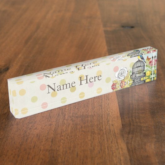 ヴィンテージの鳥かごの花柄 デスクネームプレート (側面)