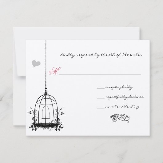 ヴィンテージの鳥かご 赤いアクセントの結婚式招待状 招待状 (正面)