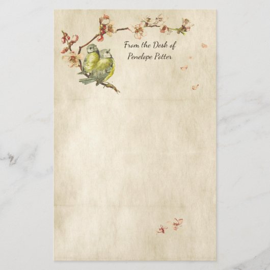 ヴィンテージの鳥が桃の木に羊飼いの名前 便箋 (正面)