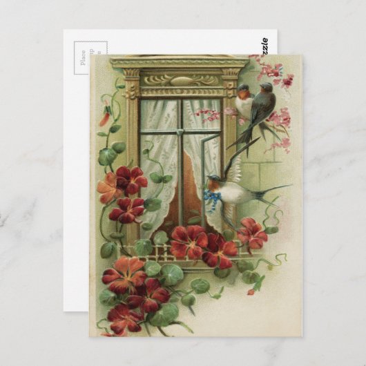 ヴィンテージの鳥が窓のそばに ポストカード (正面/裏面)