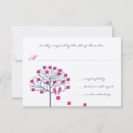 ヴィンテージの鳥たち フューシャ＆ネイビー ウェディング 招待状 (正面)