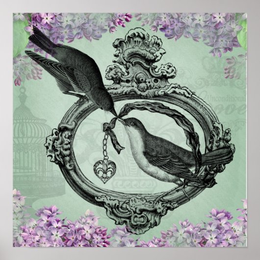 ヴィンテージの鳥とハートのロケットアパレルとギフト ポスター (正面)