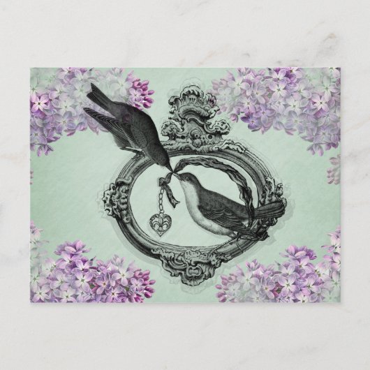 ヴィンテージの鳥とハートのロケットアパレルとギフト ポストカード (正面)