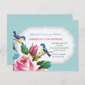 ヴィンテージの鳥とバラの誕生会 招待状 (正面/裏面)