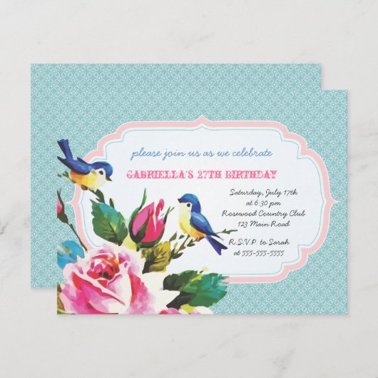 ヴィンテージの鳥とバラの誕生会 招待状 (正面/裏面)