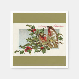 ヴィンテージの鳥とホリークリスマスライトオリーブ スタンダードカクテルナプキン