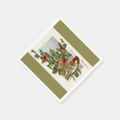 ヴィンテージの鳥とホリークリスマスライトオリーブ スタンダードカクテルナプキン (角)