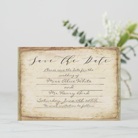 ヴィンテージの鳥と地図ティール(緑がかった色)結婚式の日付を保存 セーブザデート (スタンド正面)