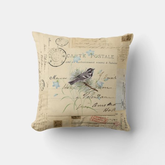 ヴィンテージの鳥によってはフランスのな郵便はがきの枕が開花します クッション (正面)